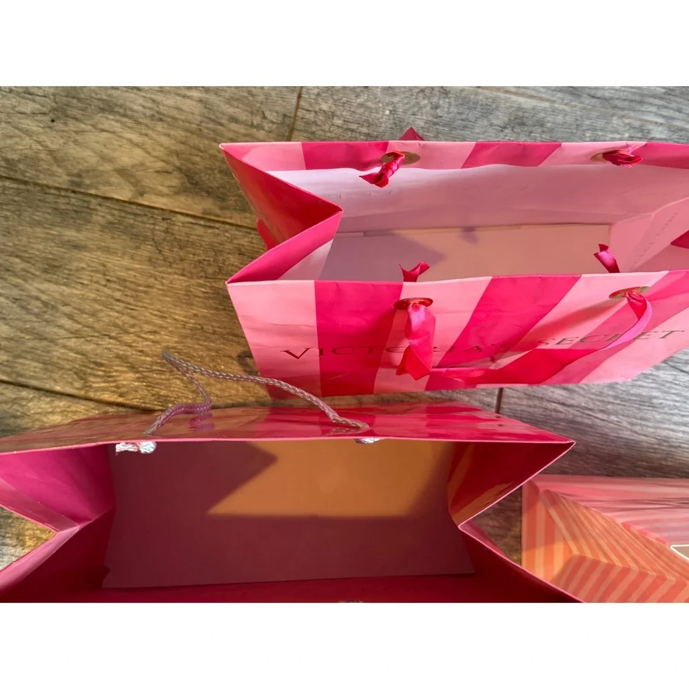 Victoria's Secret Gift Bags Set of 3 Pink Striped Lingerie Paper Bag Tote Ribbon